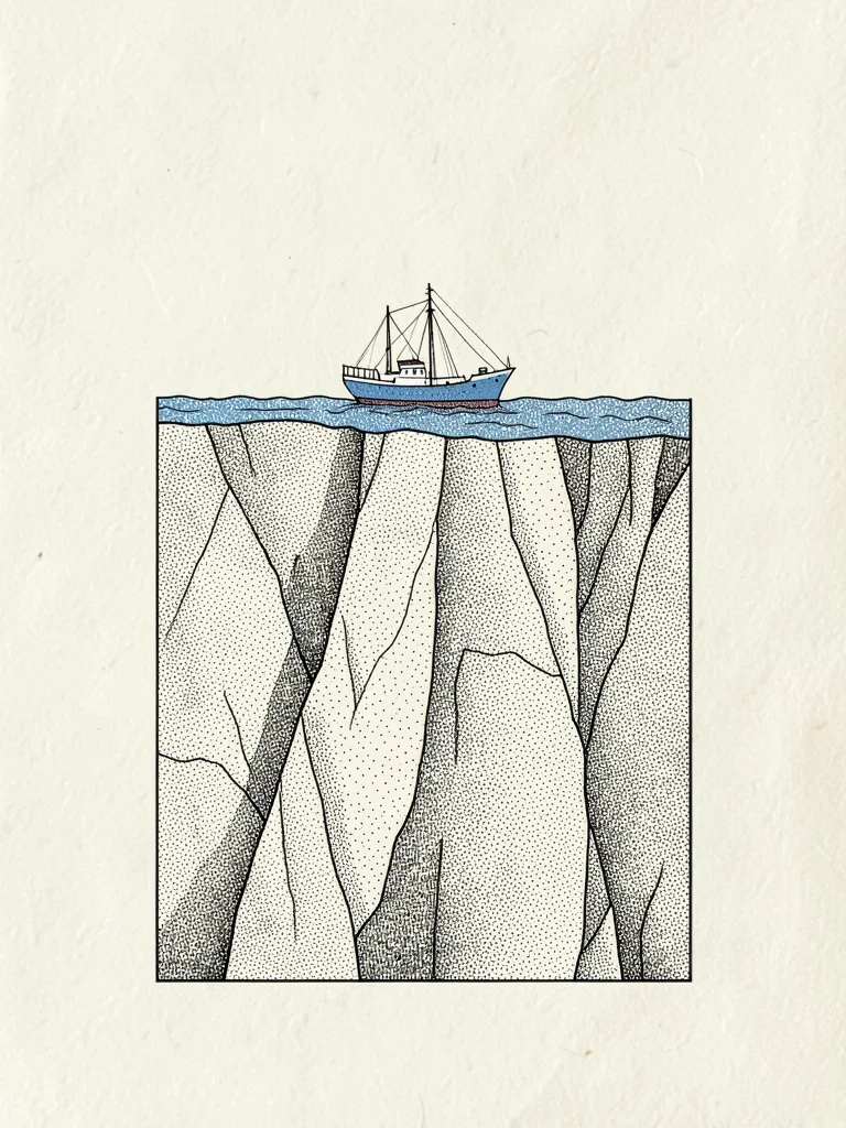 Vertical cross-section of an iceberg drawn in stippled tone shows one slate-blue