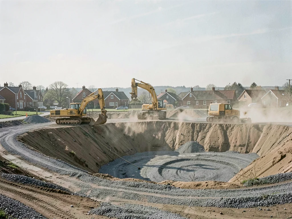 Gravel pit operation on the edge of town — machinery shapes, mounds, dust haze, 