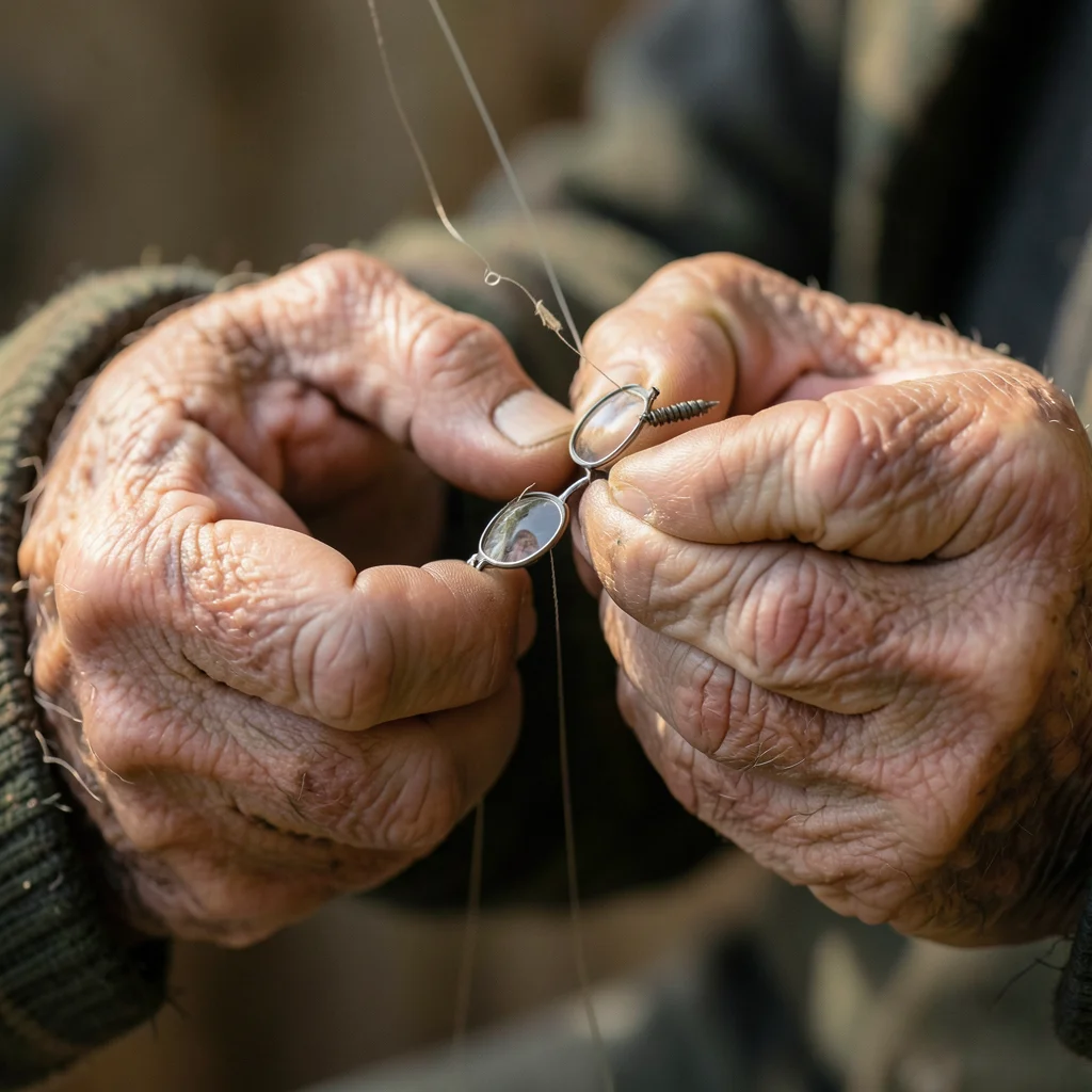 A grandfather's hands tying a fishing fly, the tiny hook and thread, reading gla
