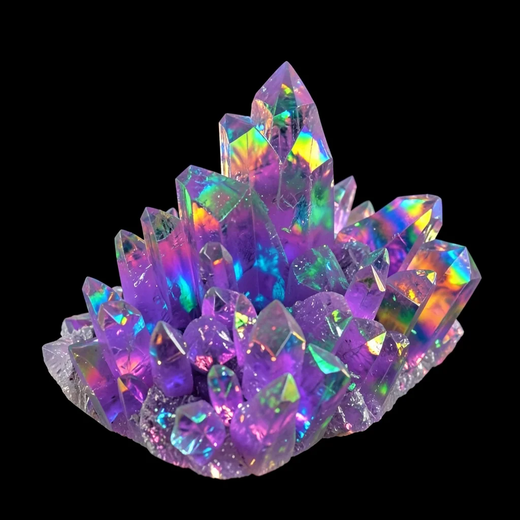 Bismuth crystal macro, rainbow iridescent staircase formations, black background