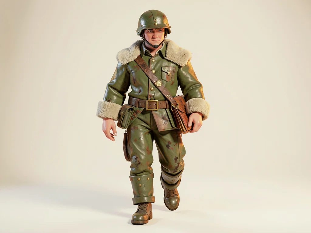 The pilot strides forward with a folded leather map crammed beneath one fleece-l