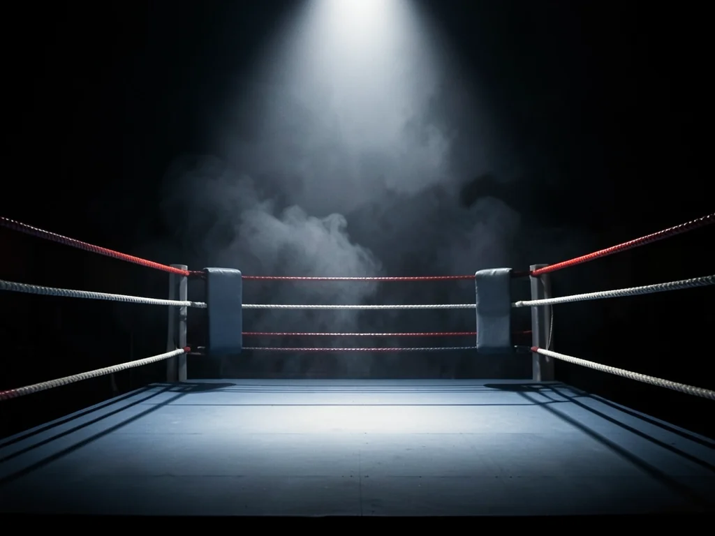 Empty boxing ring under single spotlight, ropes casting shadows, smoke in air
