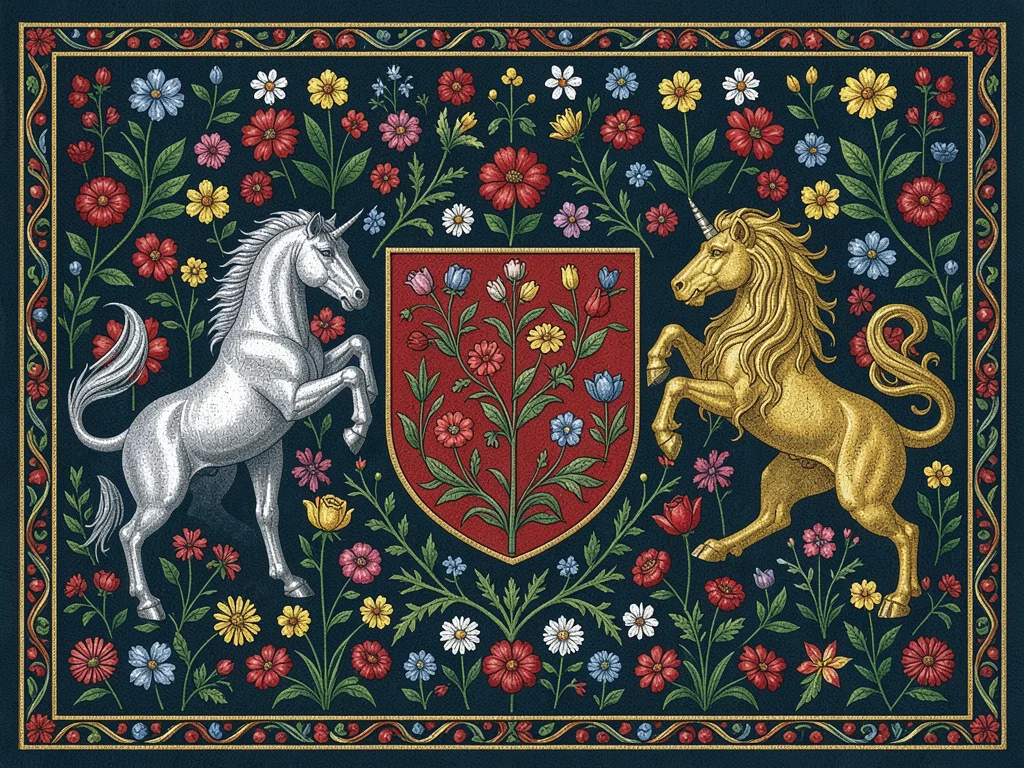 Unicorn and Lion Flanking Heraldic Shield