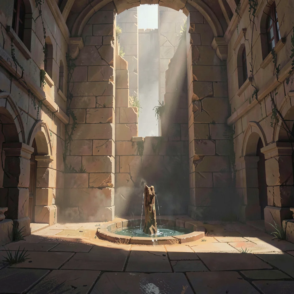 Quiet courtyard within a ruined keep with a single shaft over a dry fountain, wa