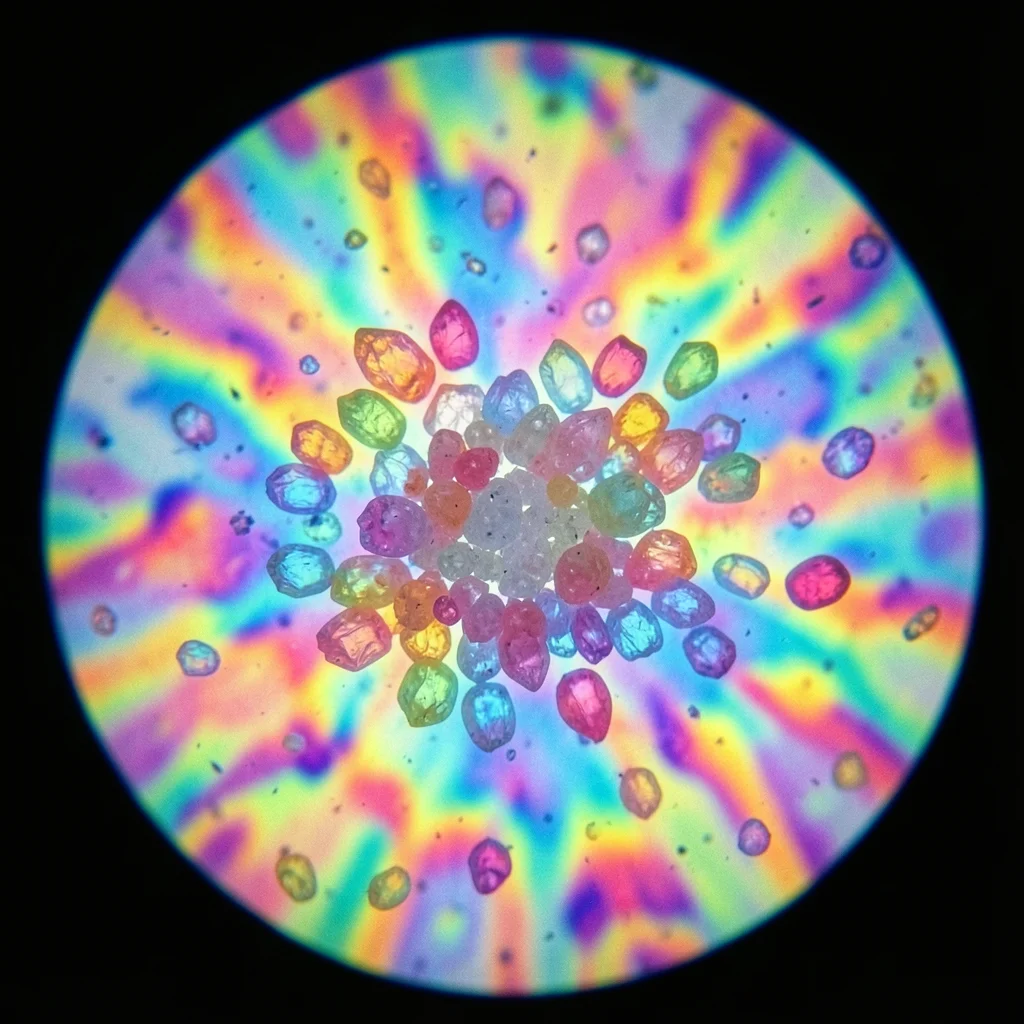 Citric acid crystals under polarized light microscope, rainbow abstract patterns