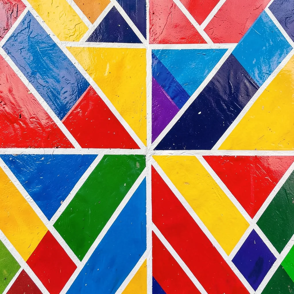 Close-up of painted wall corner — interlocking zigzag triangles in primary color