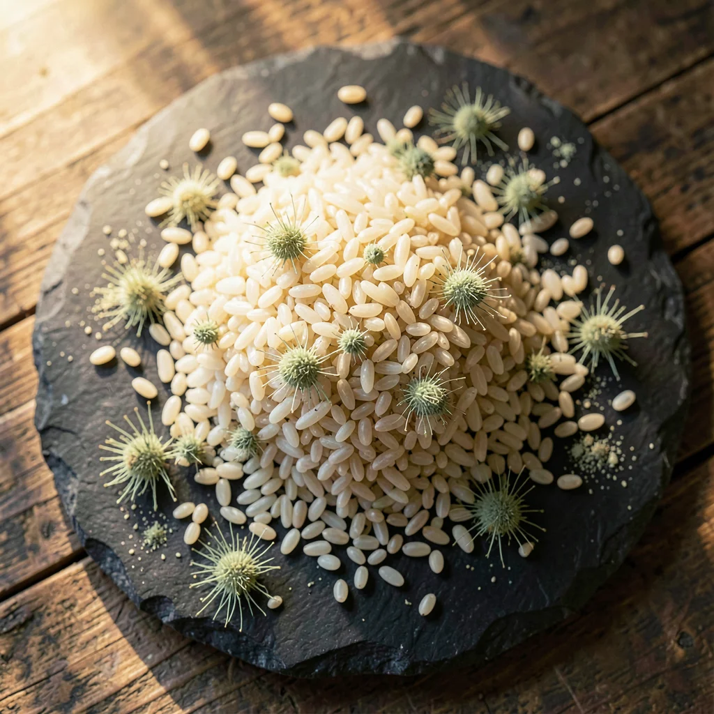 Koji Spores on Steamed Rice — 1:1 Macro on Dark Stone