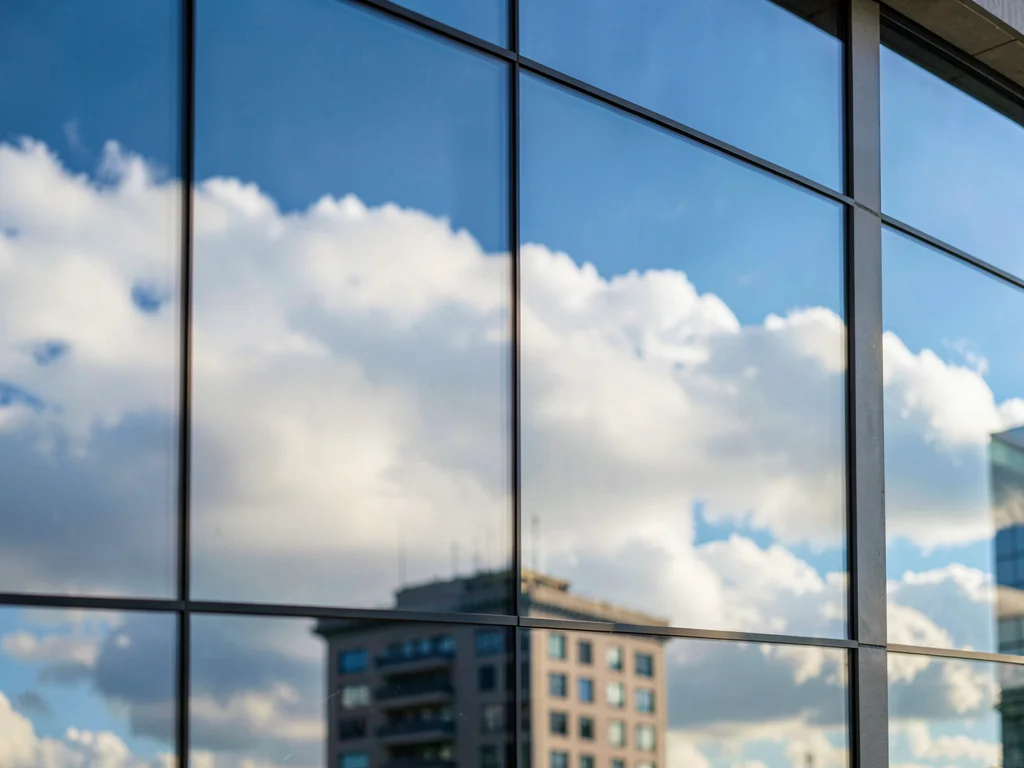 Building disappearing into reflected clouds