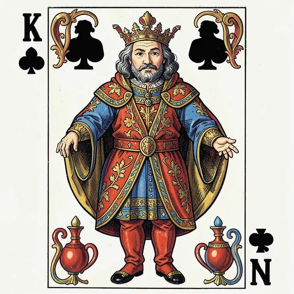 Playing card face illustration, Court card figure holding four suit symbols , co