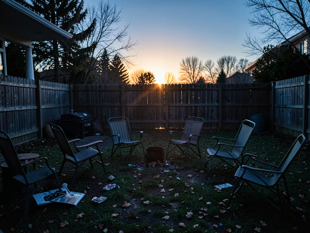 Backyard barbecue remnants, empty chairs, sun dropping behind fence line