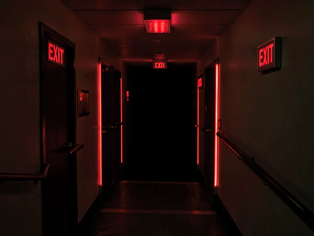 Emergency stairwell descent, EXIT signs marking each floor, the vertical escape 