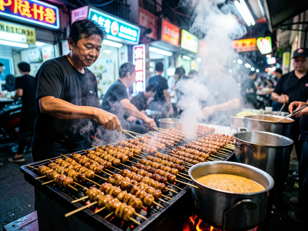 A satay vendor in Singapore, dozens of marinated skewers over a long charcoal tr