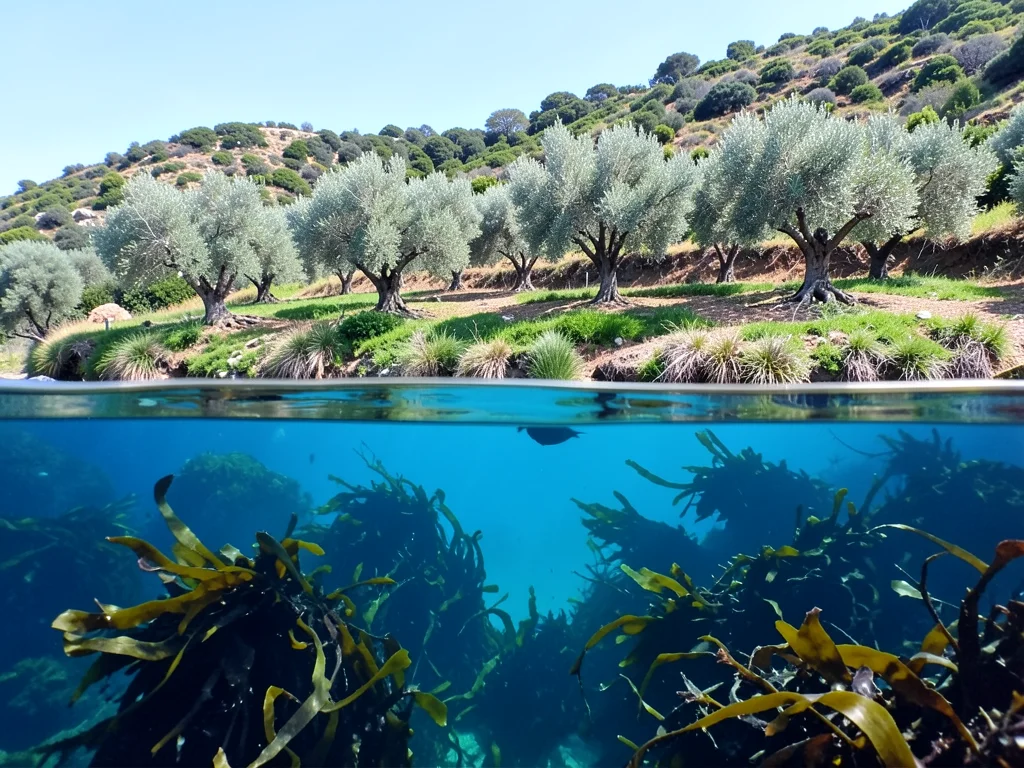 Olive grove on hillside that transitions to kelp forest underwater, split level