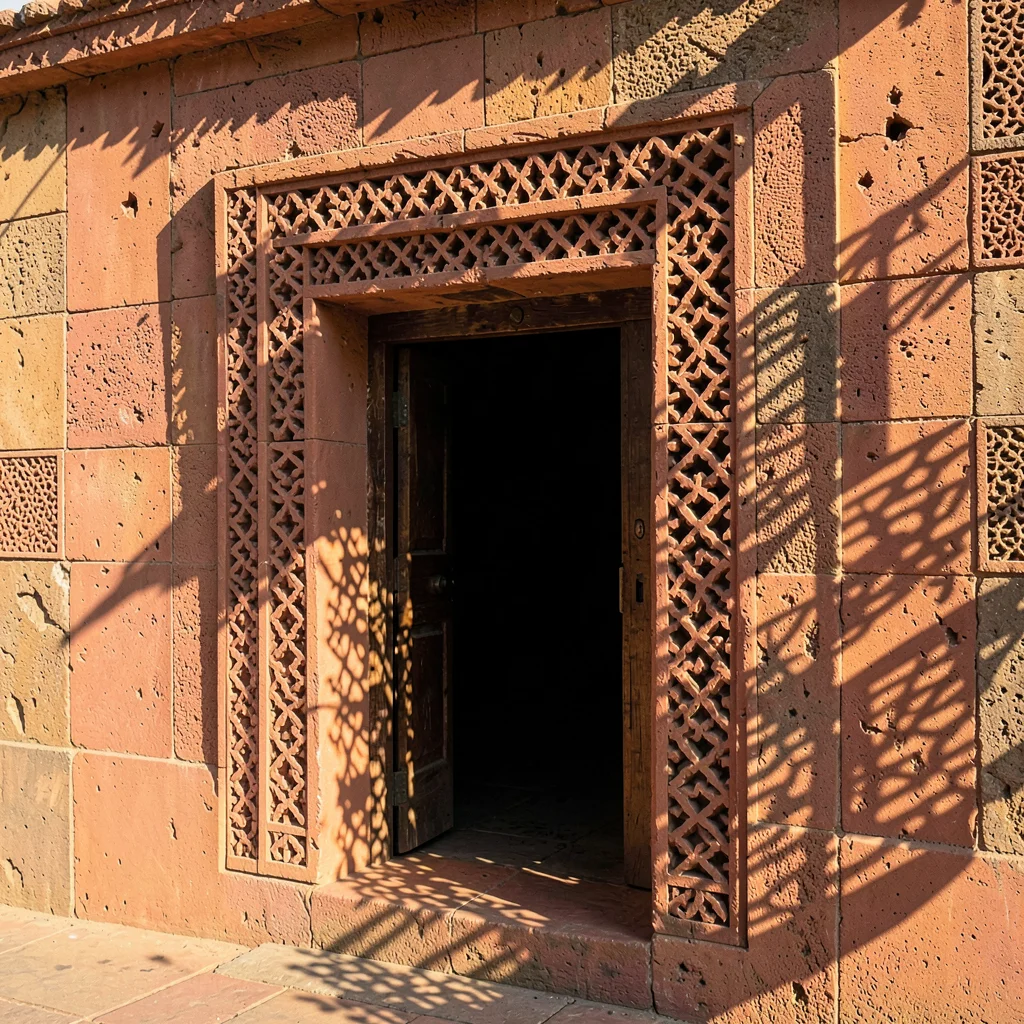 Afternoon sun through mashrabiya lattice in Lamu, Kenya, Ancient mosque entrance