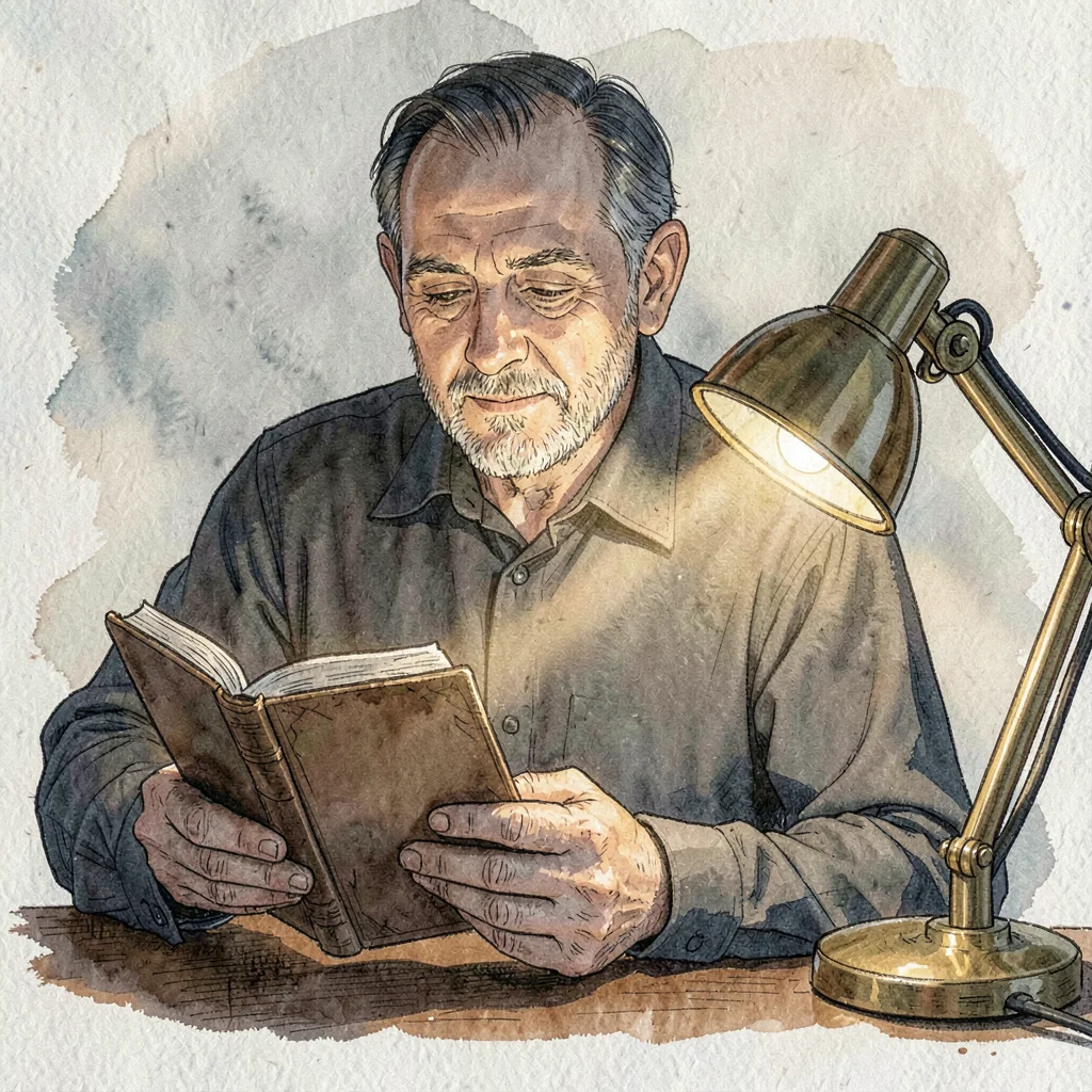 Lamplit portrait of a reader examining a small bookplate, brass desk lamp castin