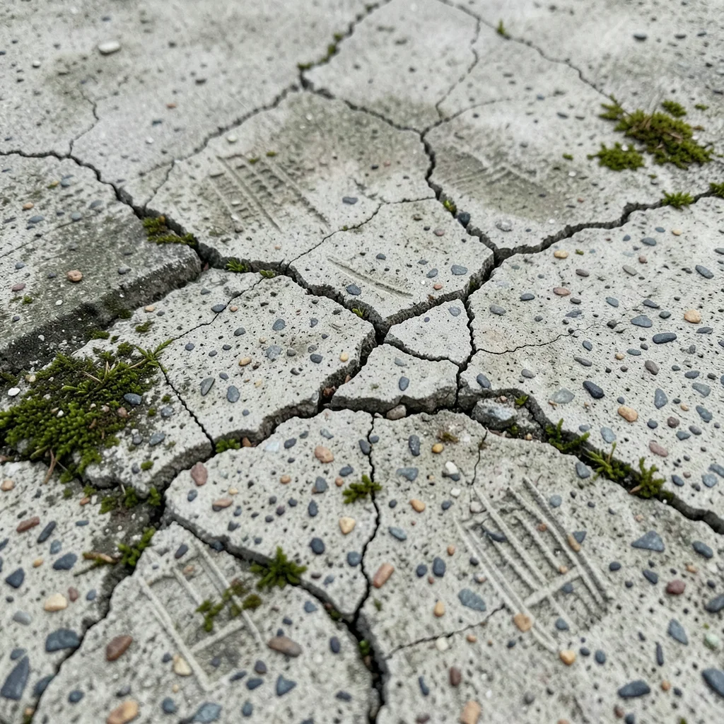 Heavily cracked concrete surface with moss growing in fissures, age and nature r
