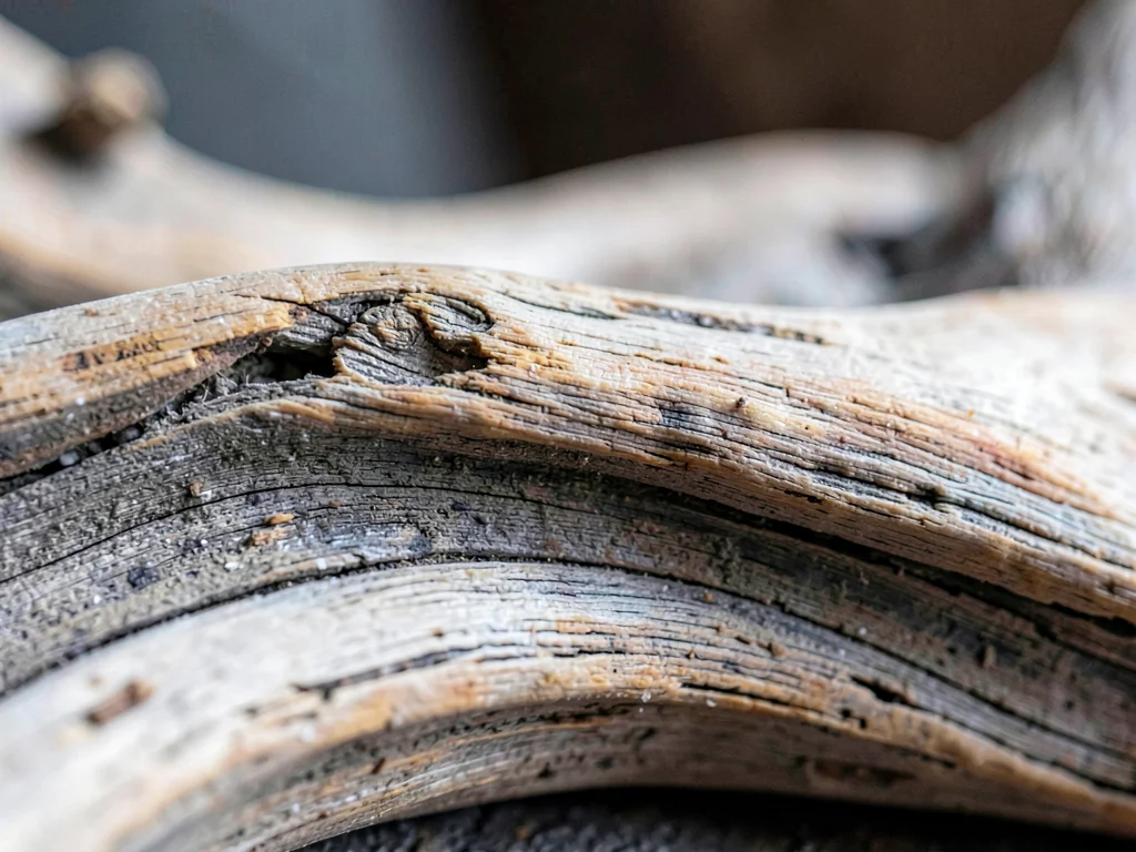 Weathered driftwood smooth as bone from ocean tumbling