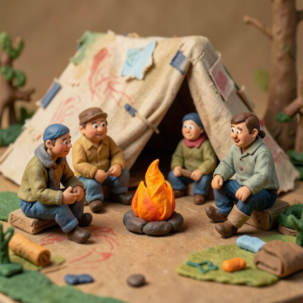 A clay camping scene: a tent made of fabric scraps, clay campers around a felt f