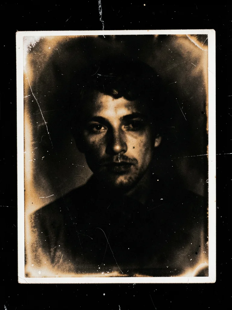 A bleach-back print: a dark image partially bleached to reveal highlight detail,
