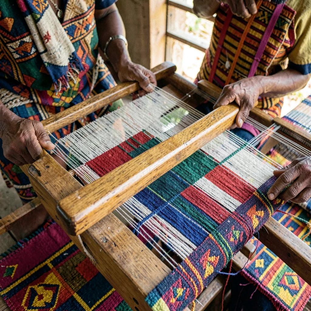 Kumasi kente weaving process, strip loom geometry, Wooden shuttle worn smooth fr