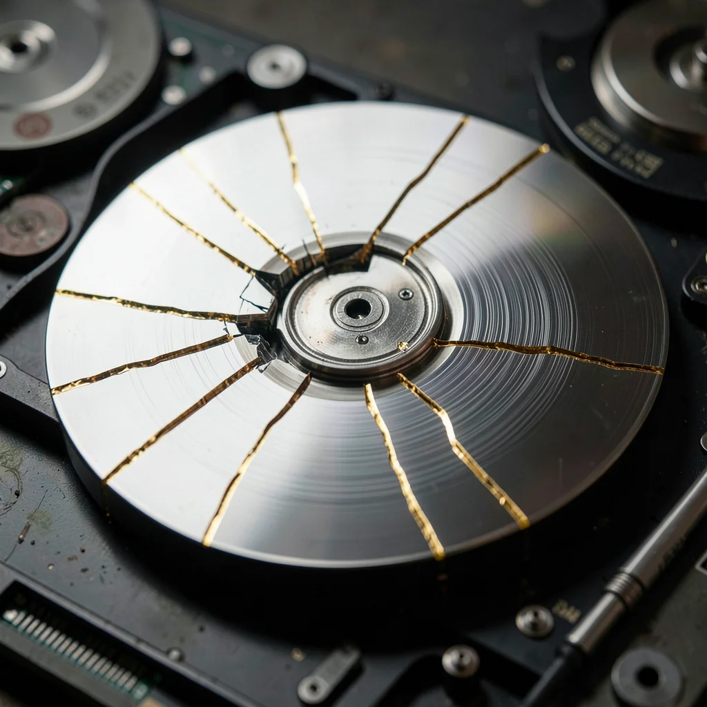 Shattered hard drive platter with gold seams, concentric data rings still visibl
