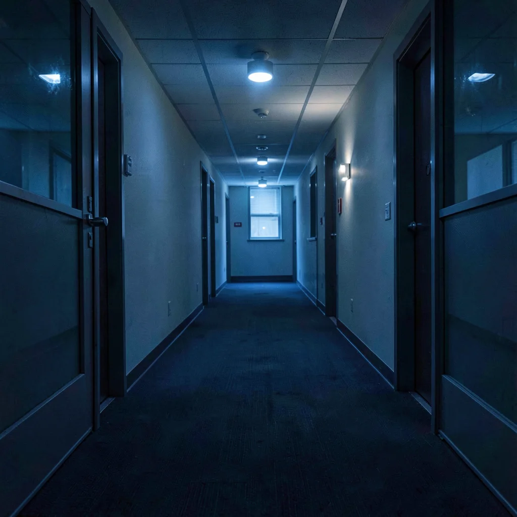 Empty office corridor at 3am with motion-sensor lights flickering on, deep navy 