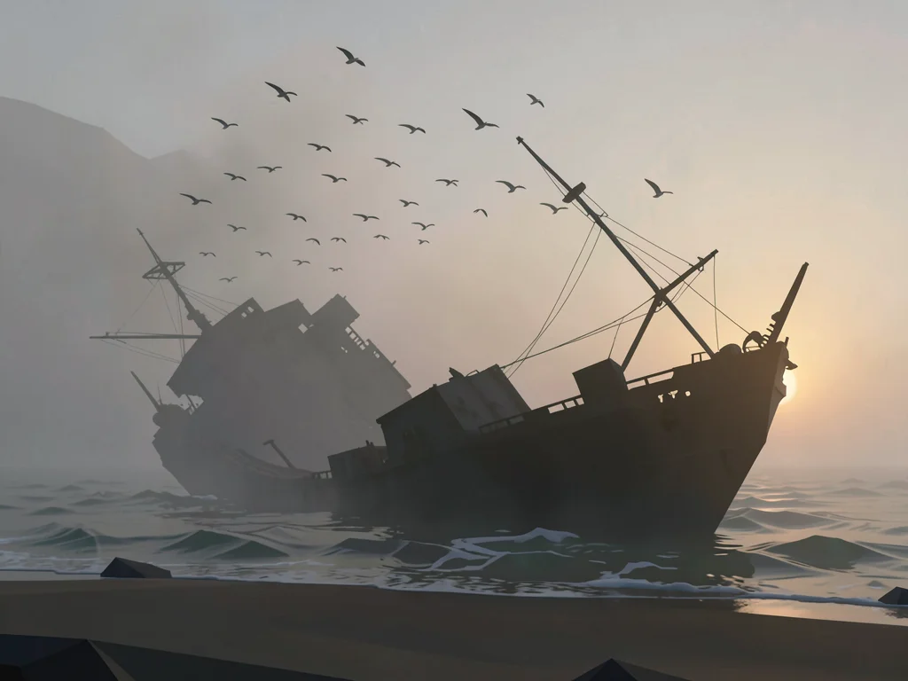 Half-buried shipwreck on a foggy beach at dawn with gulls turning into specks ab