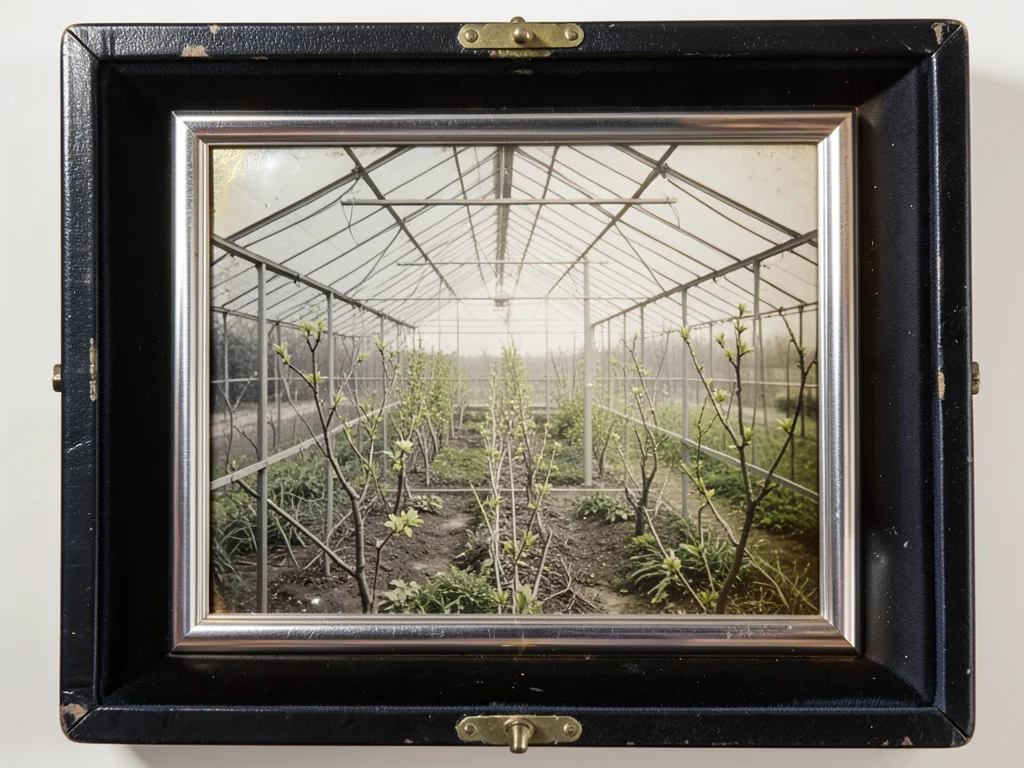 Industrial greenhouse in spring, metal framework with new growth, antiqued tones