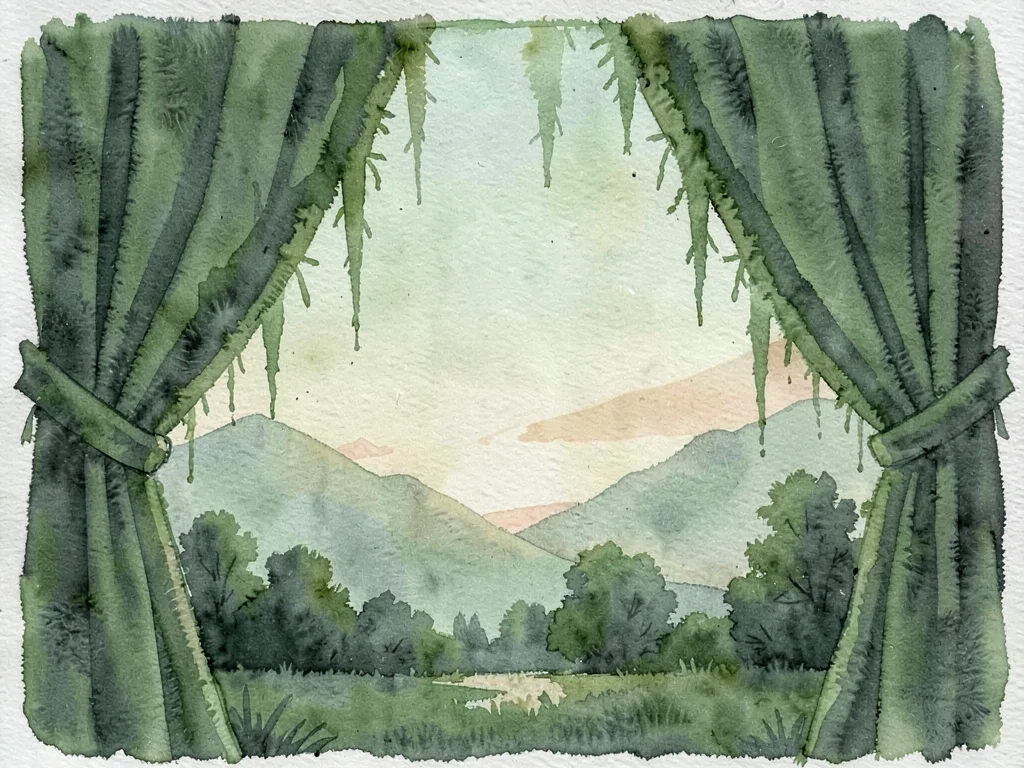 Painterly silhouette of moss curtains against a pale green-tea sky at dusk forms