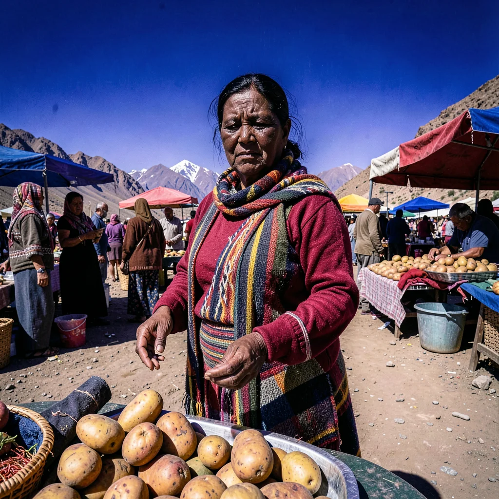 High altitude photograph, thin mountain air, A woman in layers of woven textiles