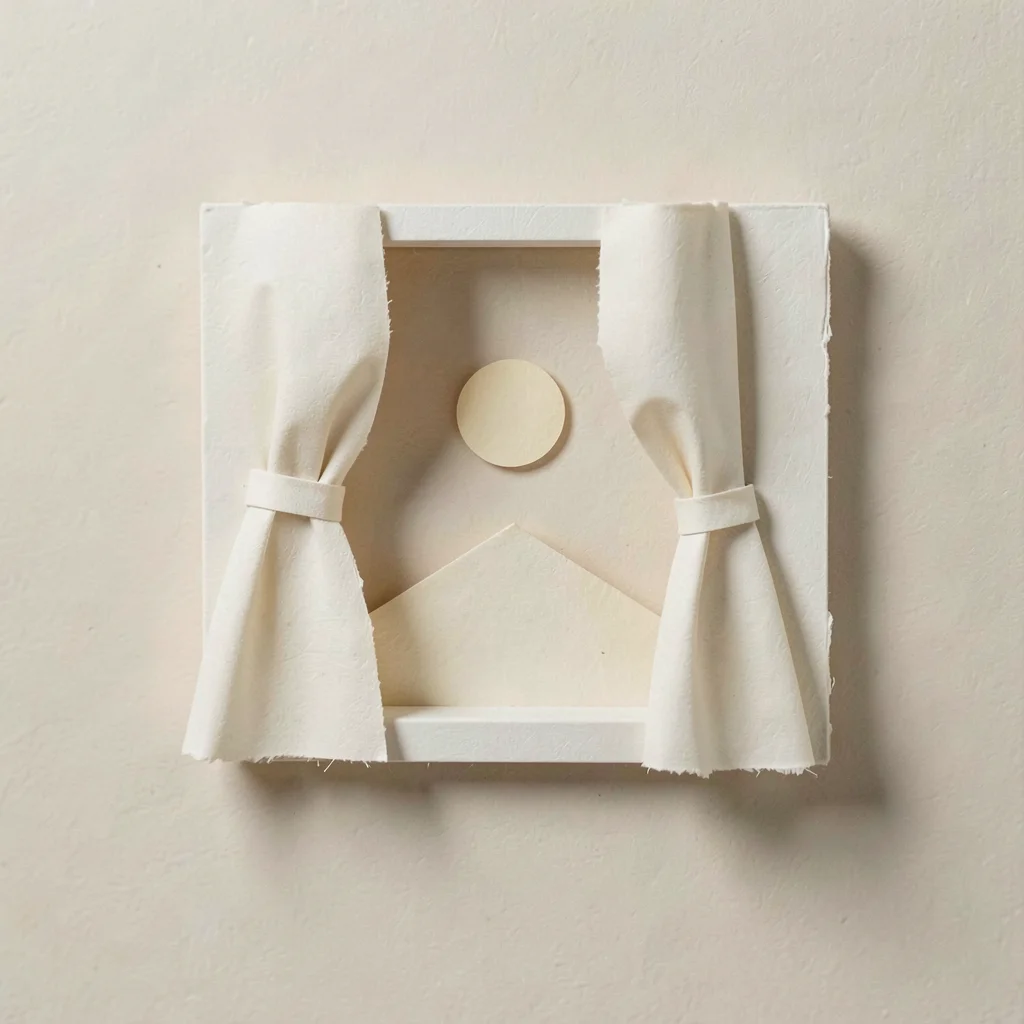 A small papercraft window on a soft beige wall, hand-cut curtains parted to show