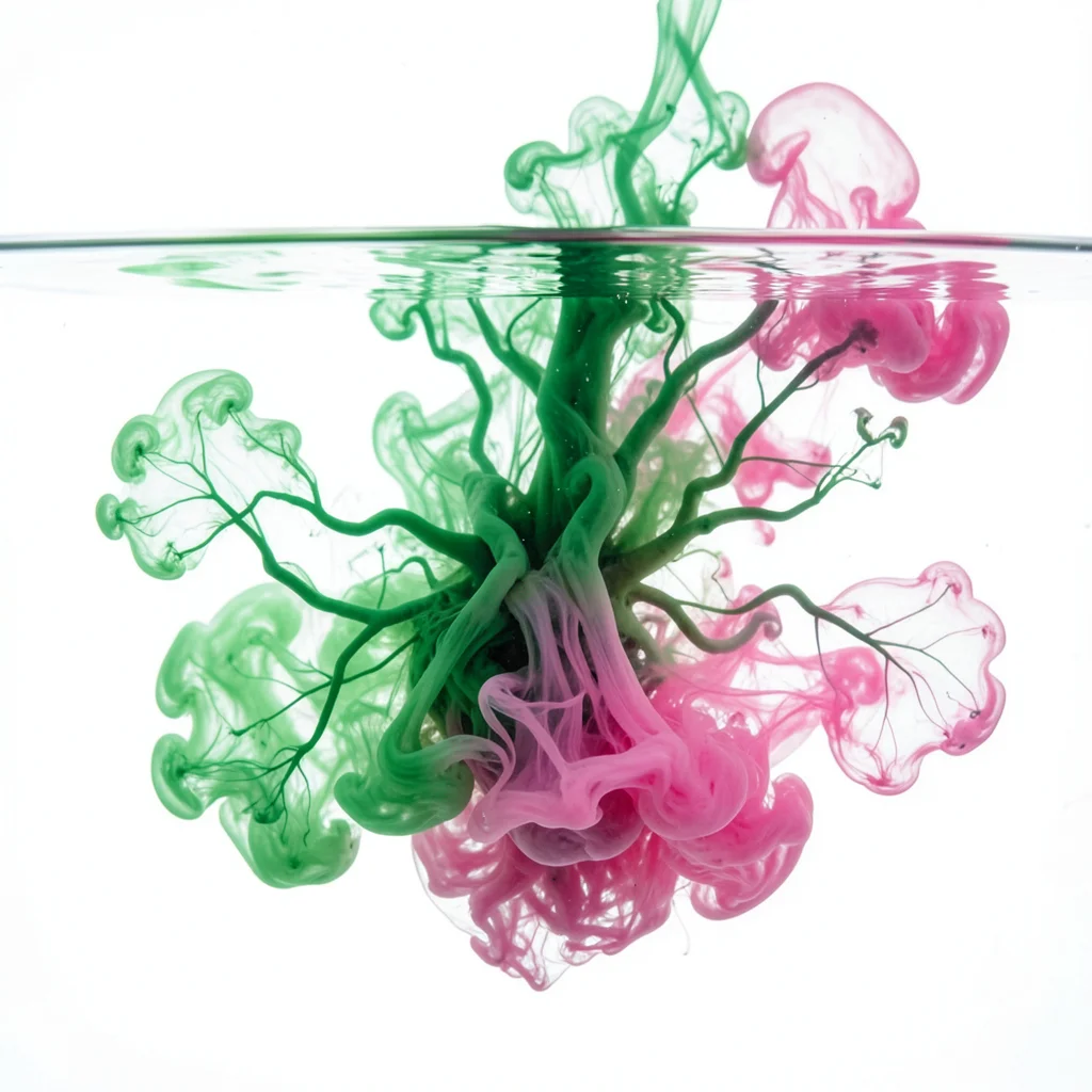 Green and pink ink blooming in water, swirling like spring clouds