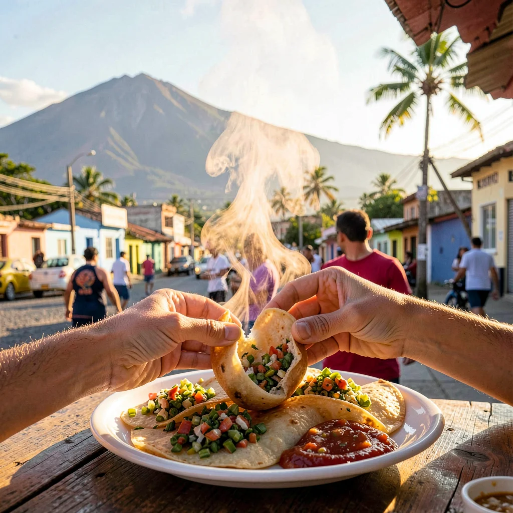 Pupusería golden hour in El Salvador, A plate of pupusas with curtido and salsa 