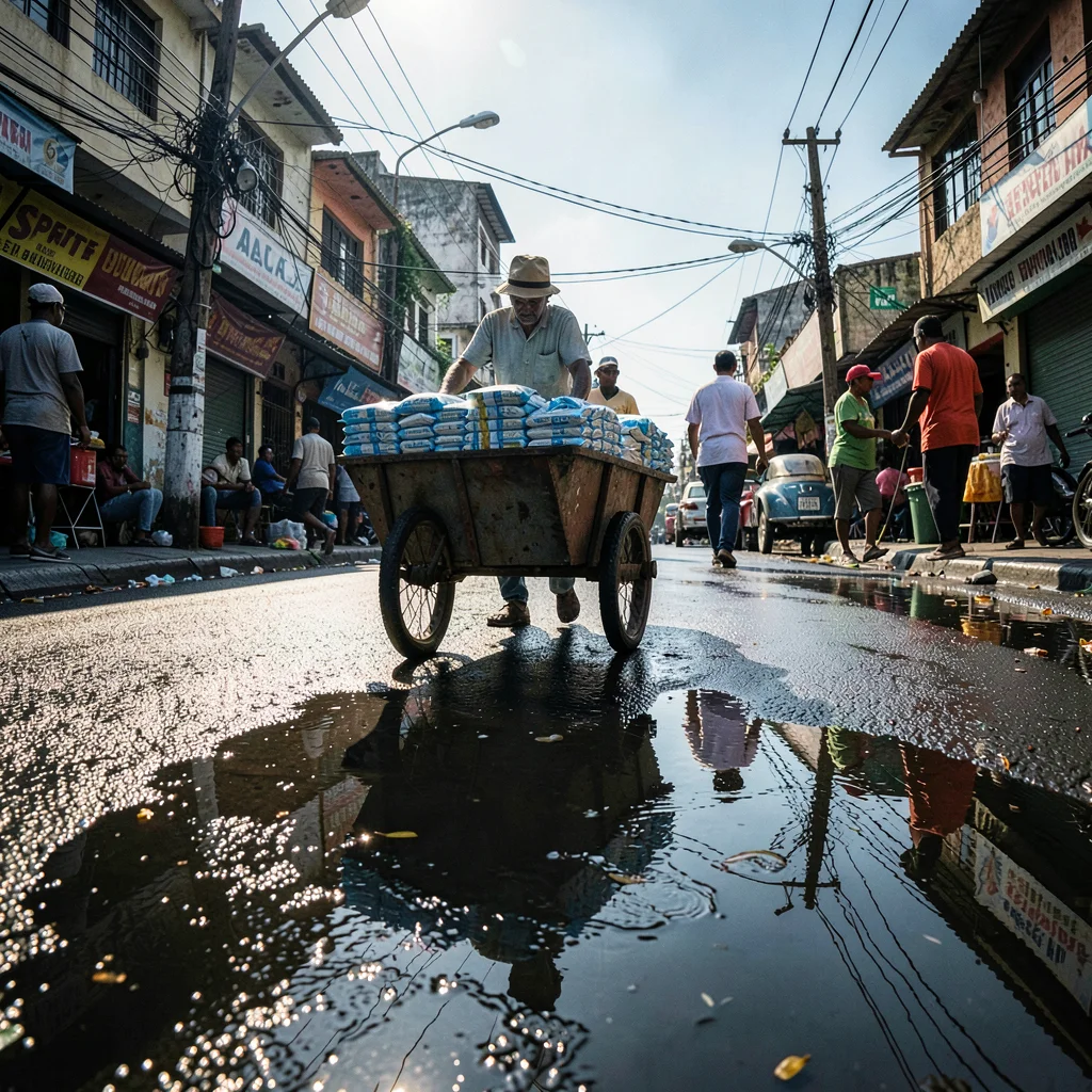 Harsh equatorial noon light casting deep shadows, Water vendor pushing cart of p
