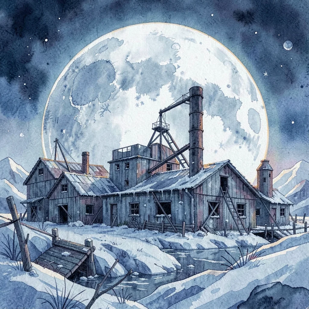 Matte painting of a derelict mining colony on an ice moon, deep blue palette wit