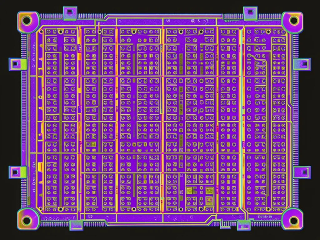 Memory array die section, perfect grid of DRAM cells in false-color purple and g