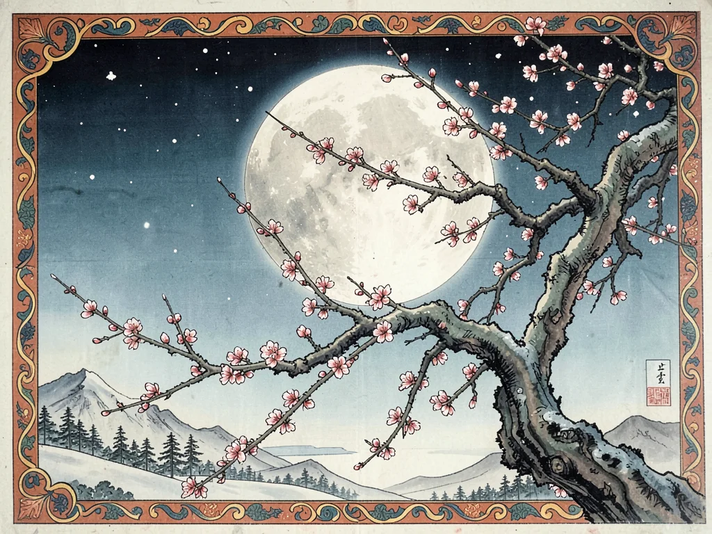 Plum blossom branches against a full moon, winter night