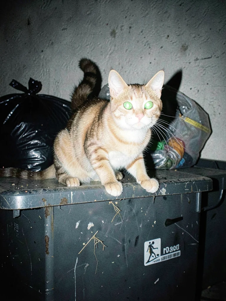 Stray cat frozen mid-hiss on a dumpster, eyes reflecting flash as green fire, ga