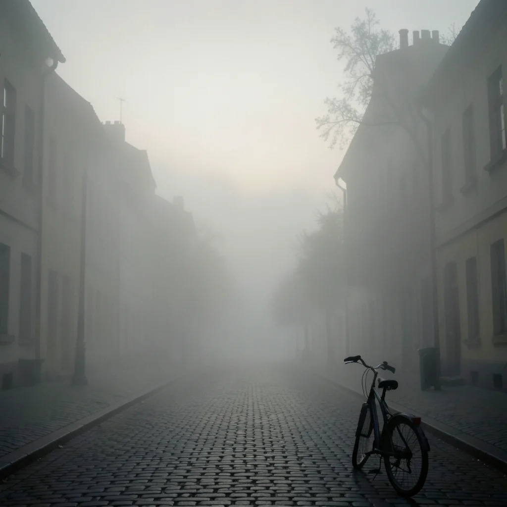 A cobblestone street receding into fog, the buildings on either side becoming si