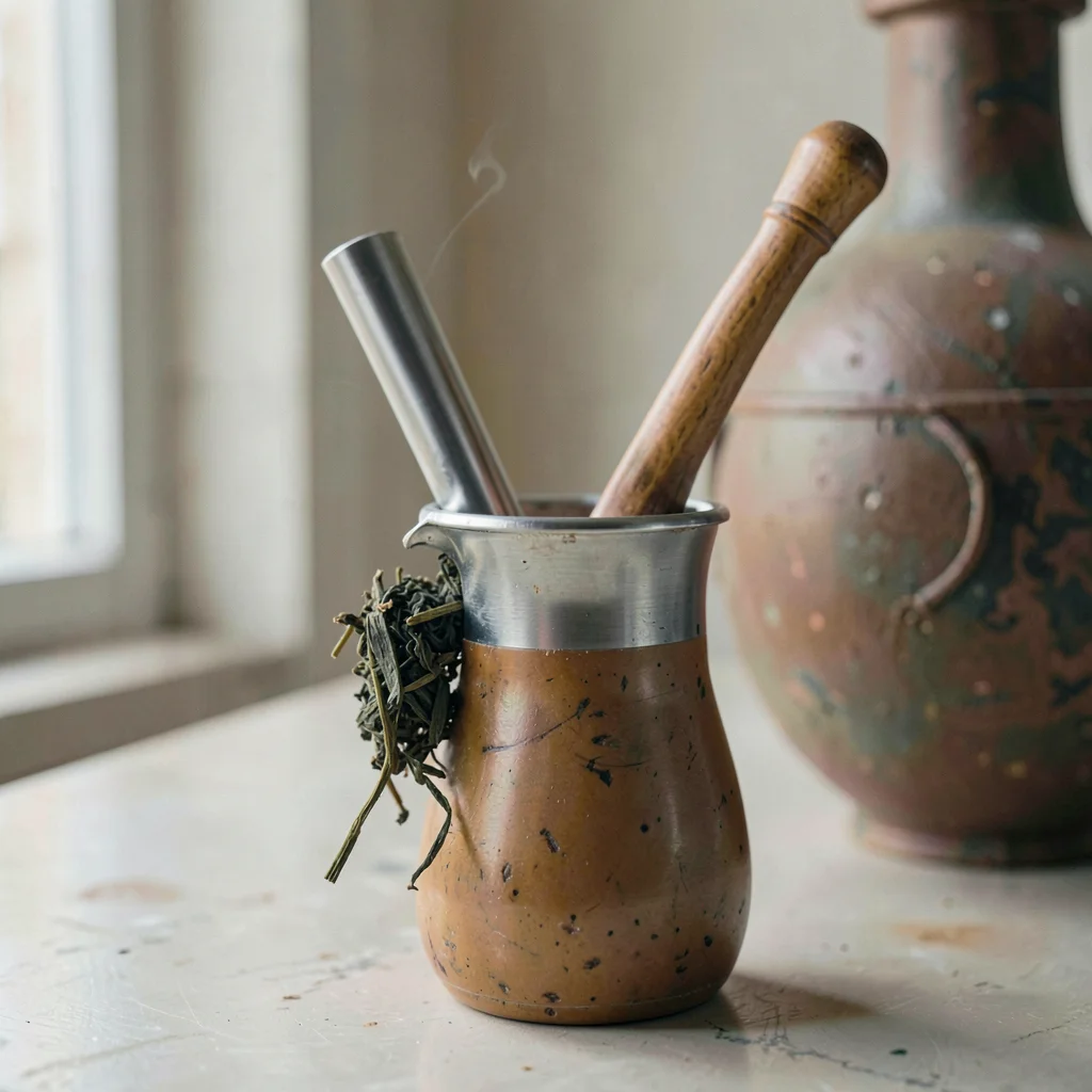 Quietly elegant photograph with Uruguayan sensibility, Silver bombilla in close-