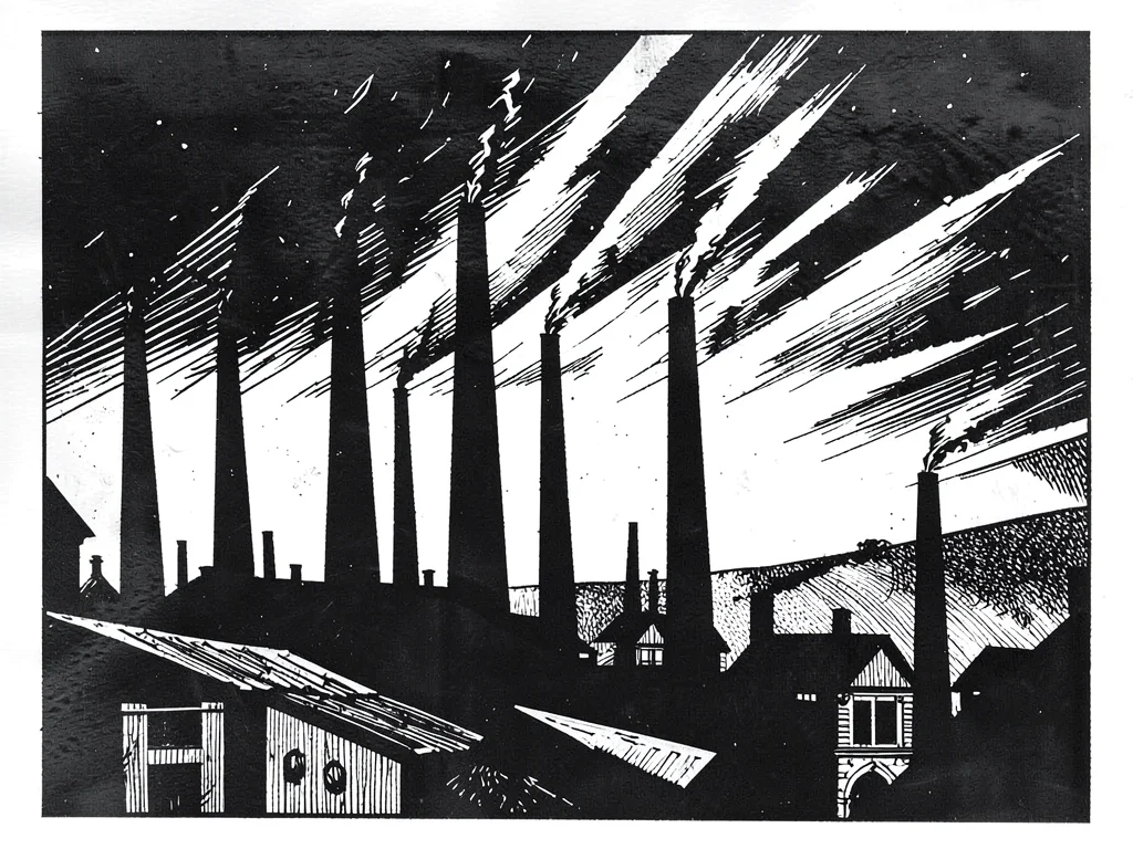 Factory district at night, chimneys as jagged black verticals, sky slashed white