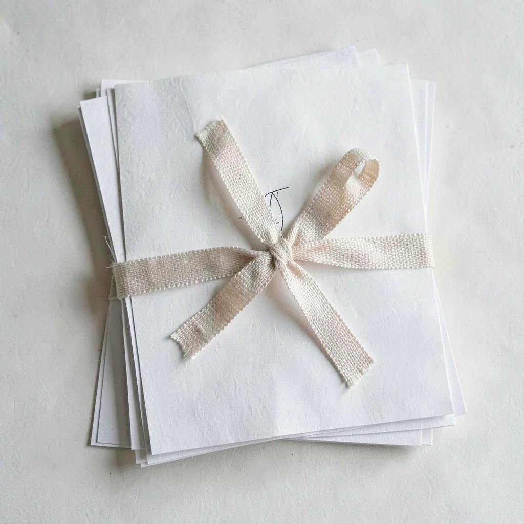 Top-down still life of a stack of design specimen pages tied with linen ribbon