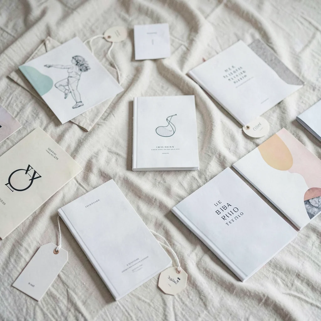 A wide spread of campaign deliverables strewn across a soft canvas surface, incl
