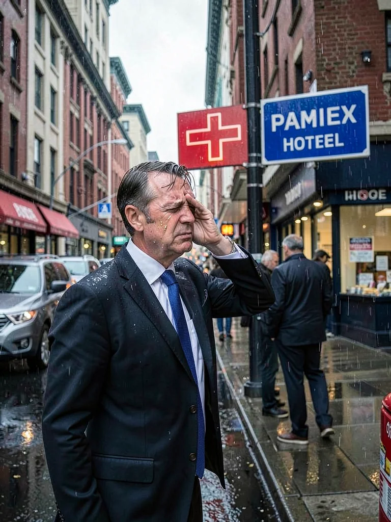 Businessman weeping on rain-slicked street corner, red pharmacy cross and blue h