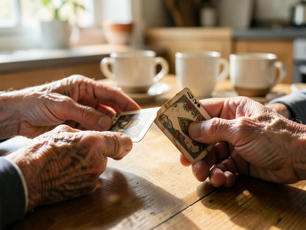 Two pairs of elderly hands playing cards, the worn cards visible, a kitchen tabl