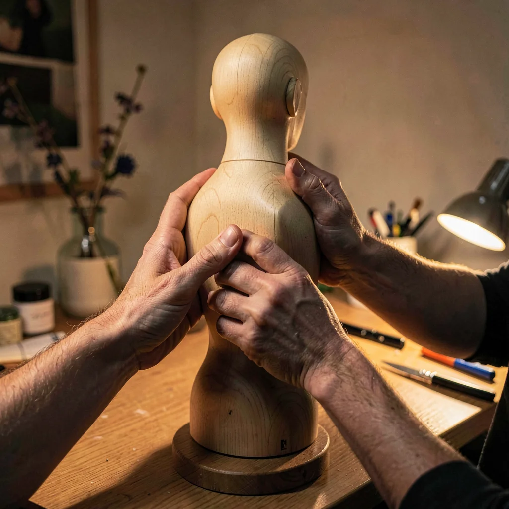 Hands cradling the back of a wooden anatomy mannequin, lamplight pooling on the 