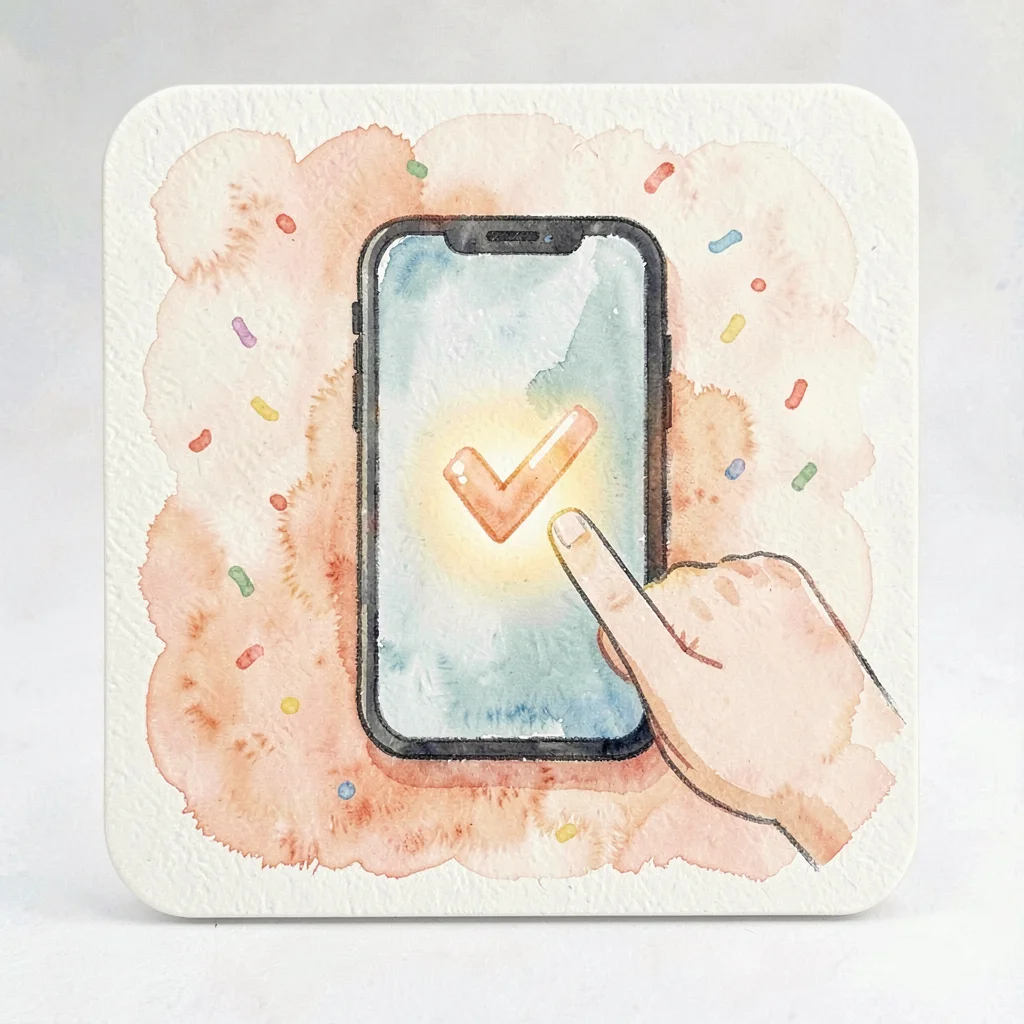 Square IG launch tile with a cheerful stylized hand pressing a glowing check-mar