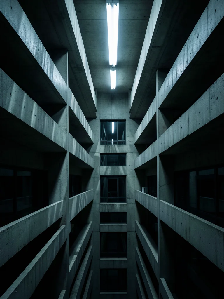 Concrete brutalist building with repetitive geometric balconies casting dramatic