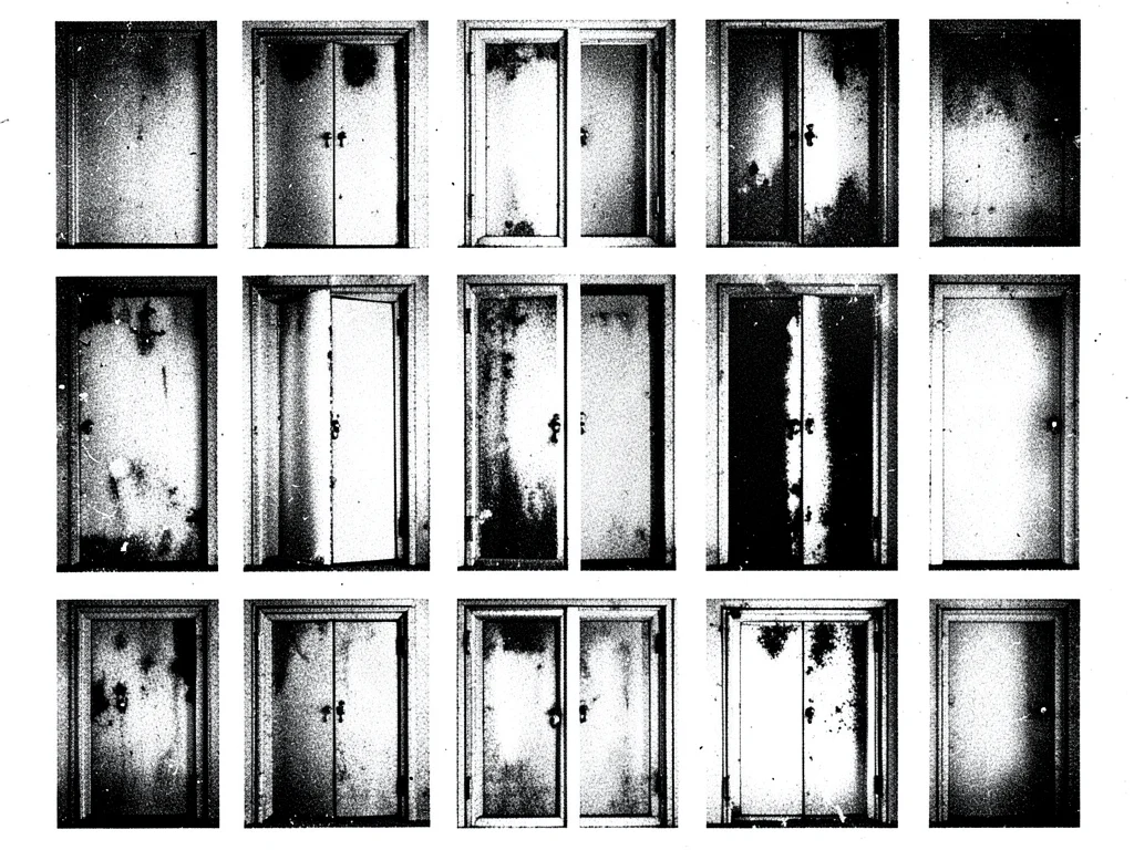 A grid of twelve identical doors, each one slightly more degraded and abstract t