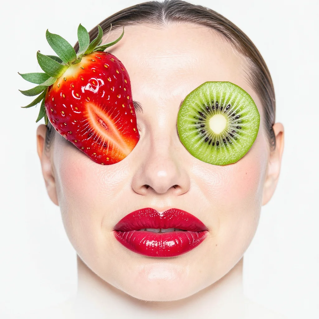 Face made from food photography cutouts — lips are strawberry, eyes are kiwi sli